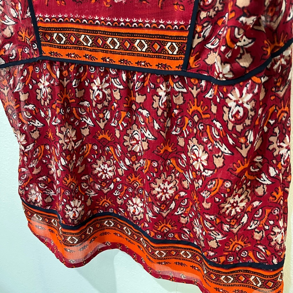 LUCKY BRAND BOHO FLORAL V-NECK RED ORANGE SLEEVELESS SHEER BLOUSE SIZE SMALL - Picture 12 of 16